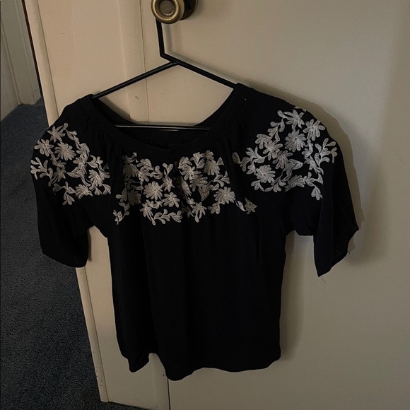 Tops - Black Top with White Floral Embroidery